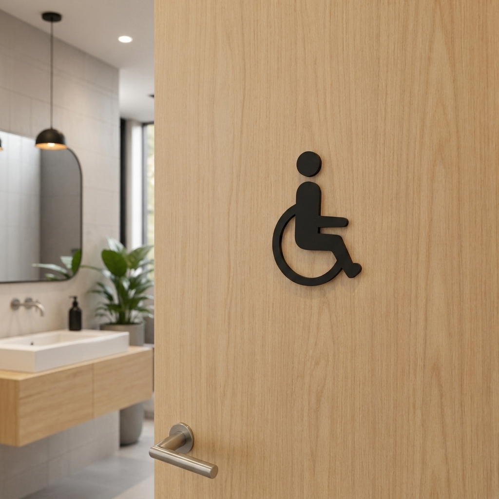 Black acrylic wheelchair-accessible bathroom door sign