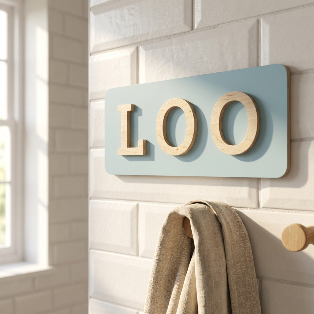 Blue loo door plaque with raised wooden lettering