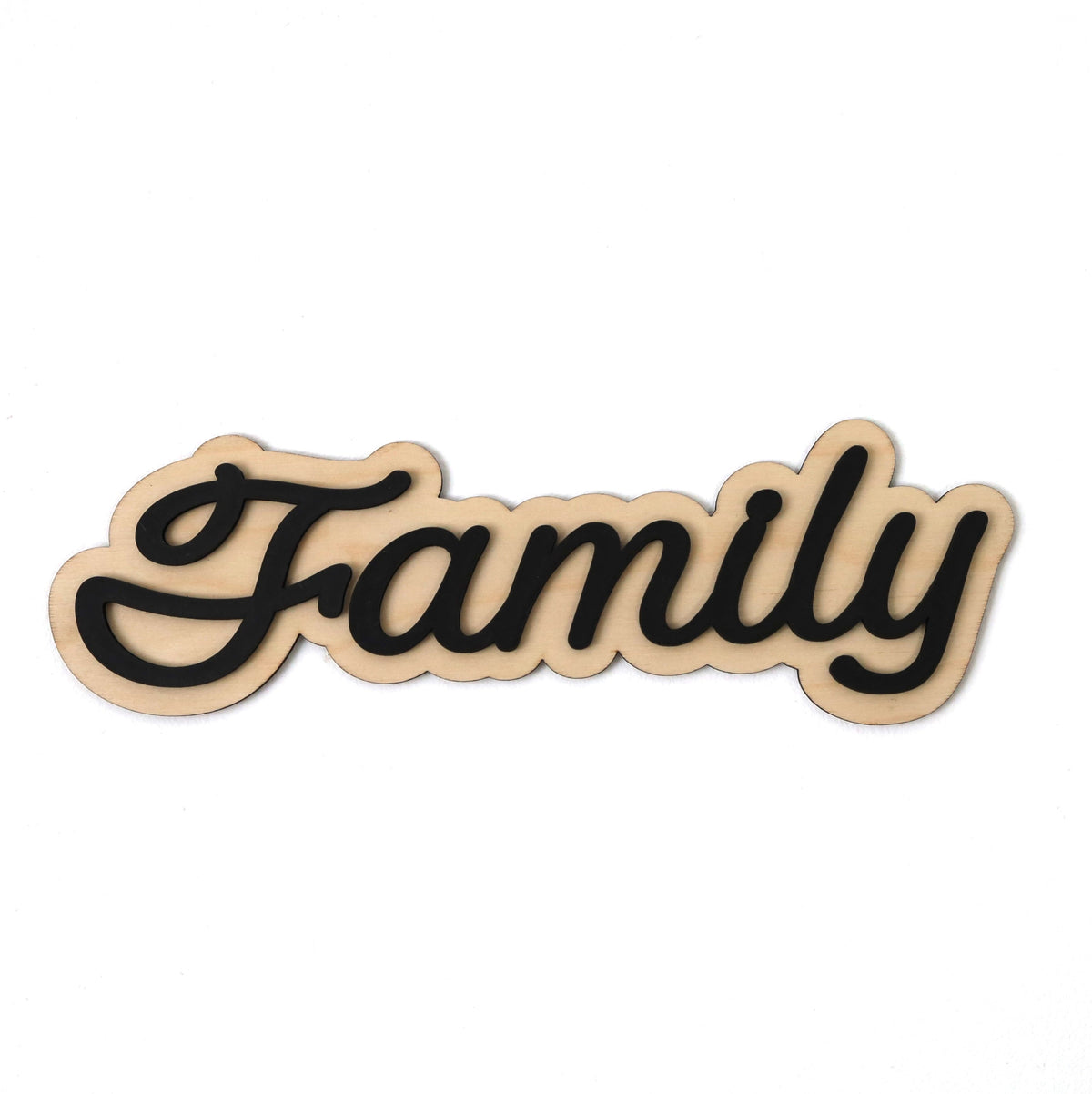Family word sign with black lettering on birchwood