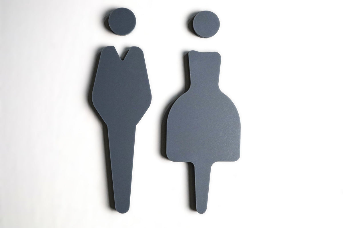 Grey stone-effect acrylic toilet sign with male and female symbols