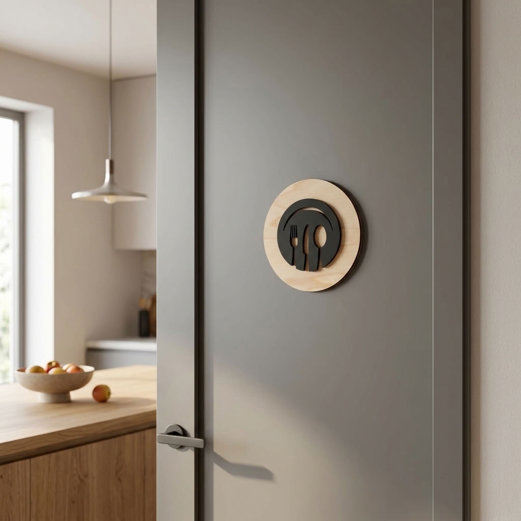 Kitchen door sign with black cutlery icon on birch plywood