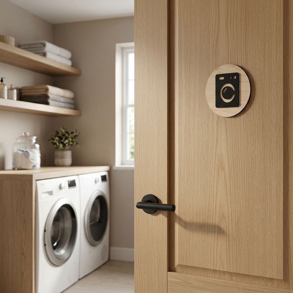Laundry and utility room door sign with black washing machine icon on birch plywood