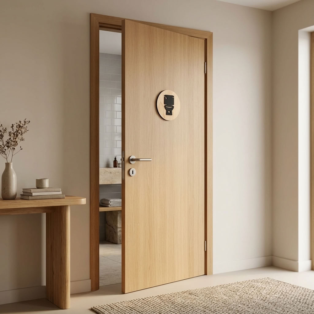 Bathroom door sign with black toilet icon on birch plywood