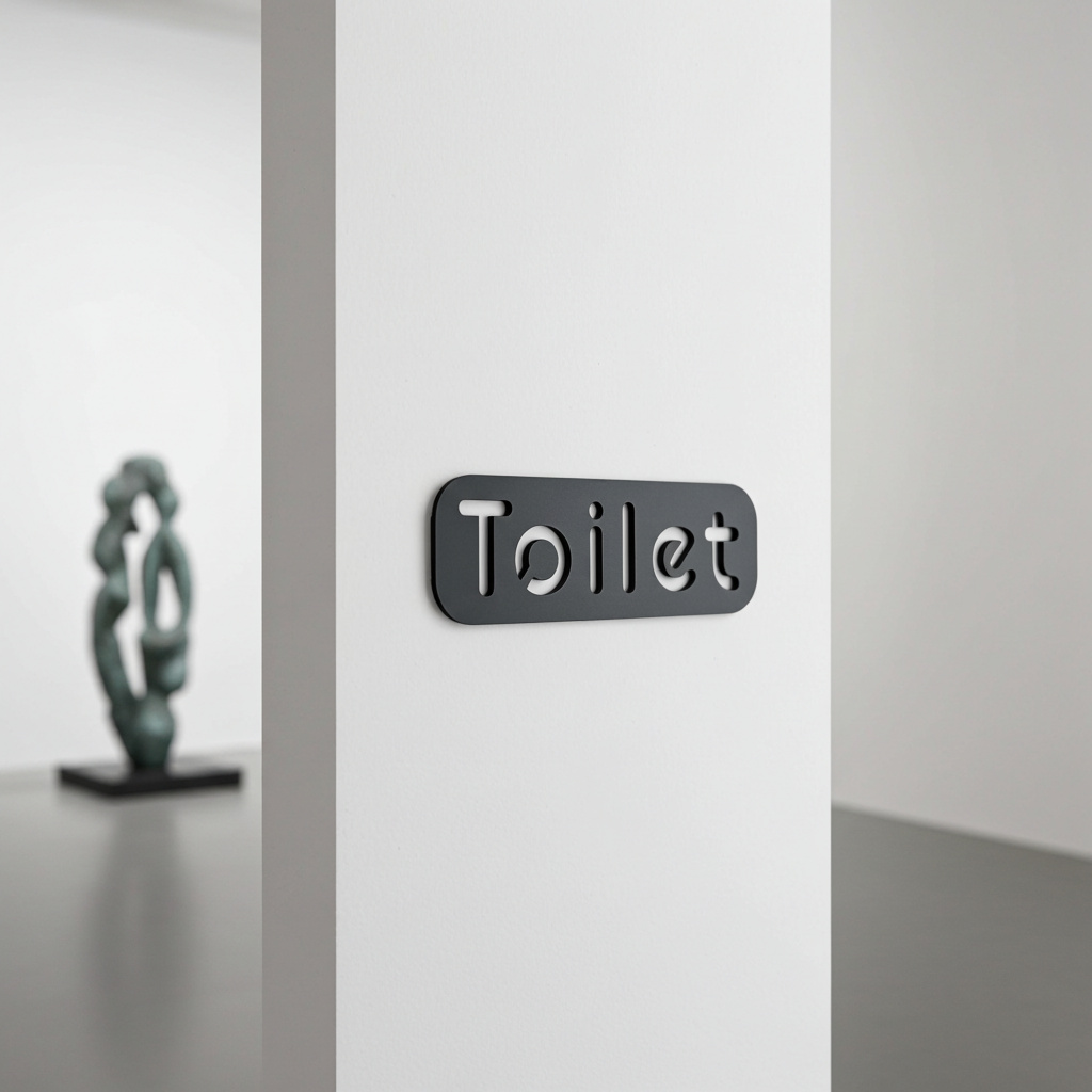Black 'Toilet' sign on a white door with a blurred sculpture in the background