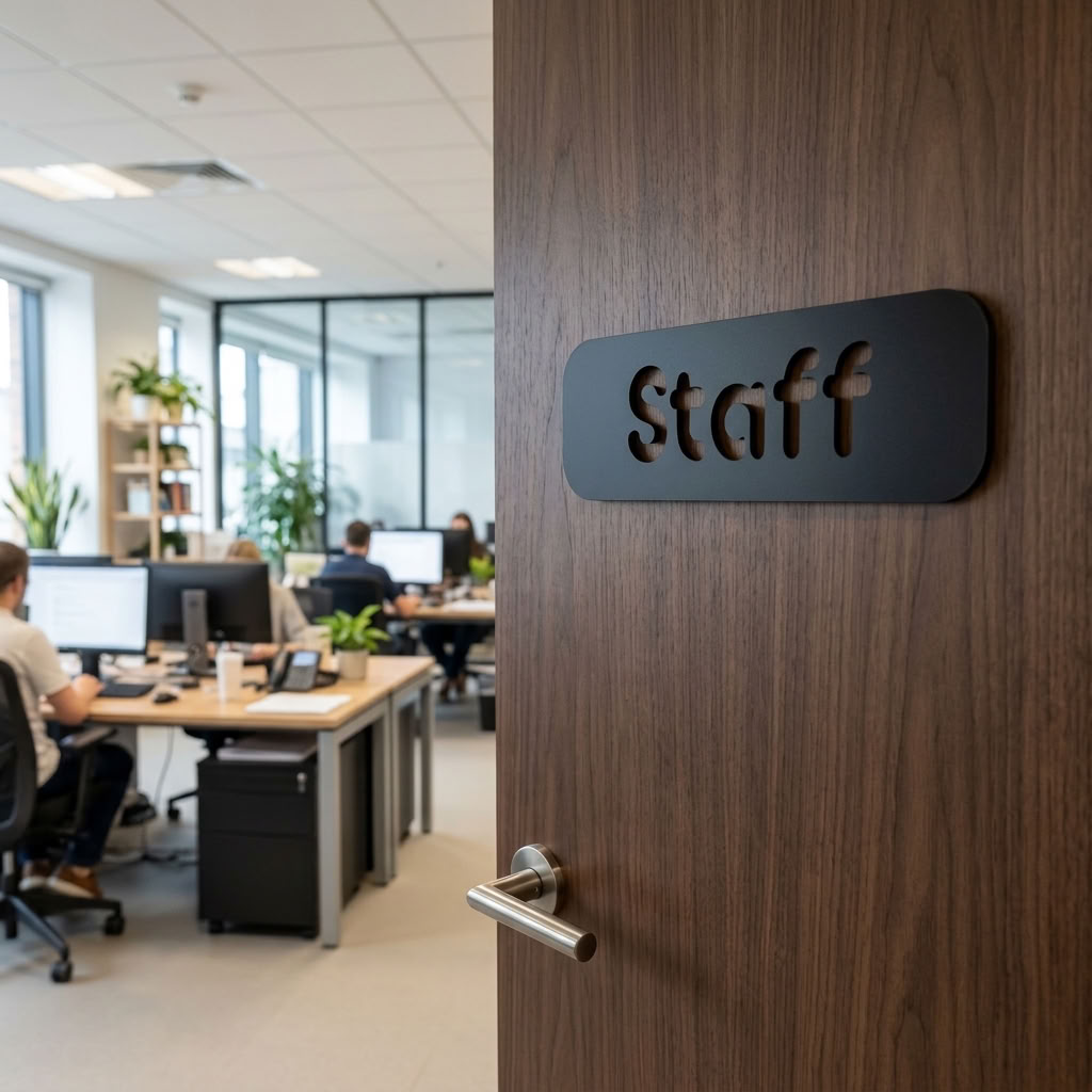 Black acrylic staff sign mounted on an office door
