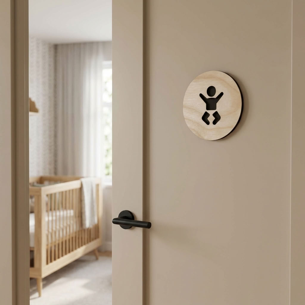Modern baby changing sign mounted on wooden interior door