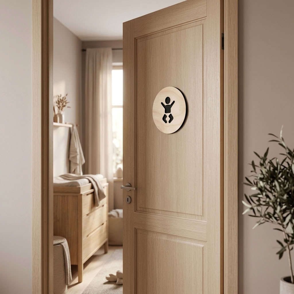 Baby changing room door sign with raised black acrylic baby icon on birch plywood