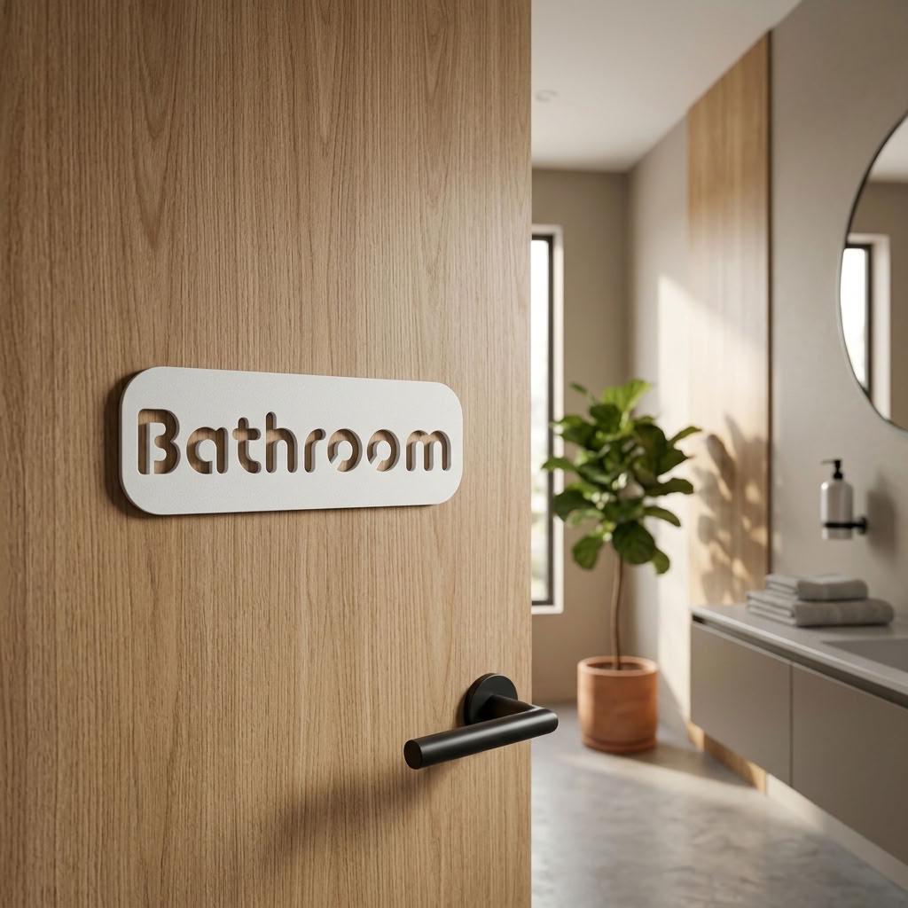 Contemporary white toilet door sign for cafés, offices and modern commercial interiors