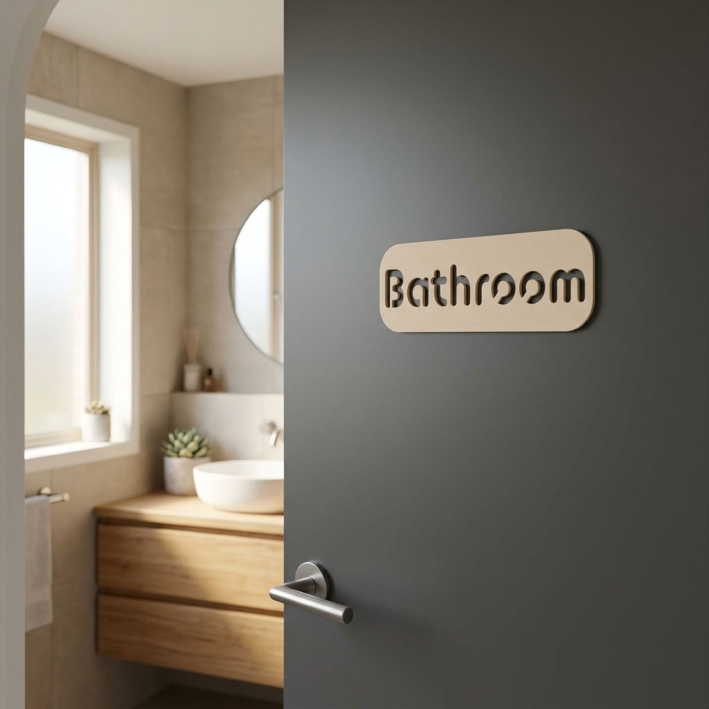 Stylish beige restroom door plaque for businesses, salons, hotels and restaurants