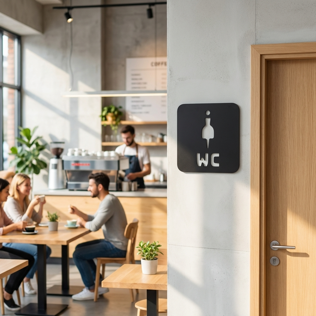Modern women’s bathroom sign with WC lettering