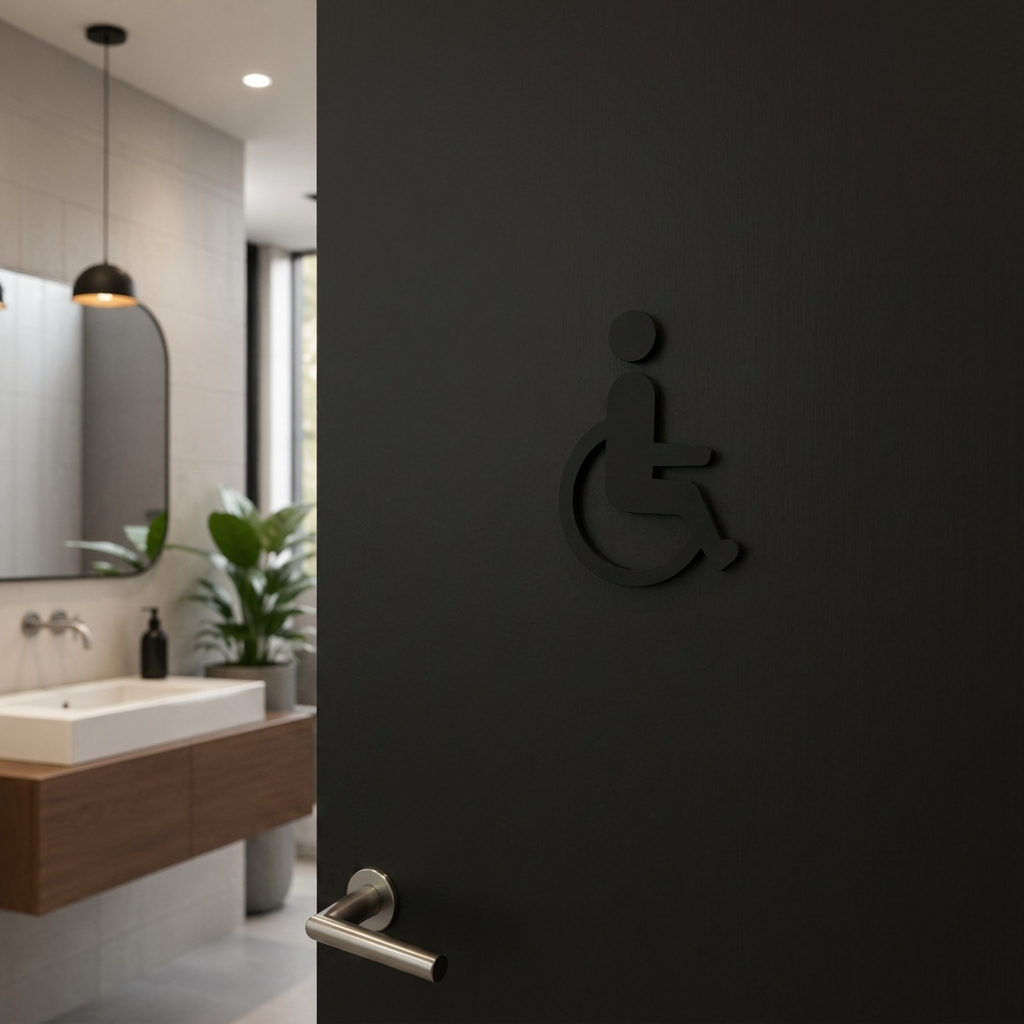 Wheelchair accessibility sign in black acrylic for commercial bathrooms and disabled facilities