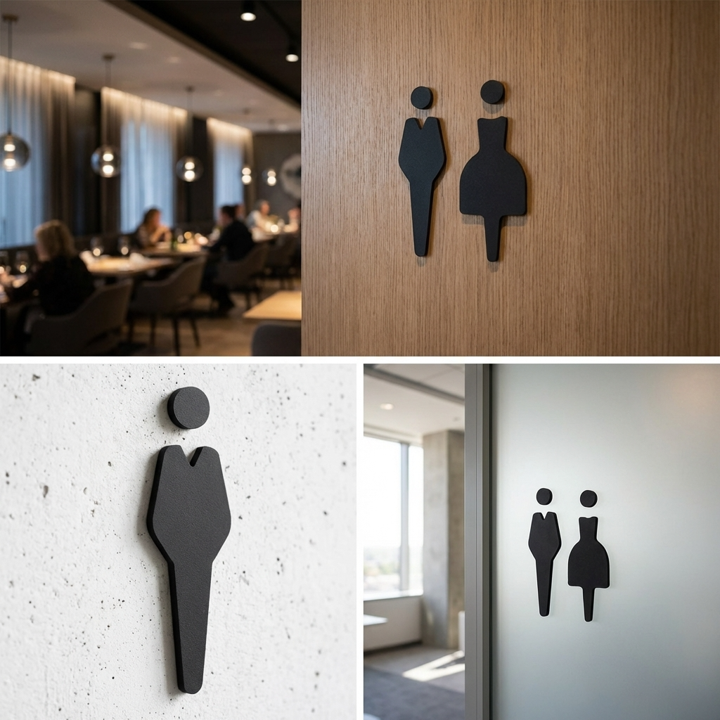 Black silhouette restroom signs on various walls in a modern interior setting.