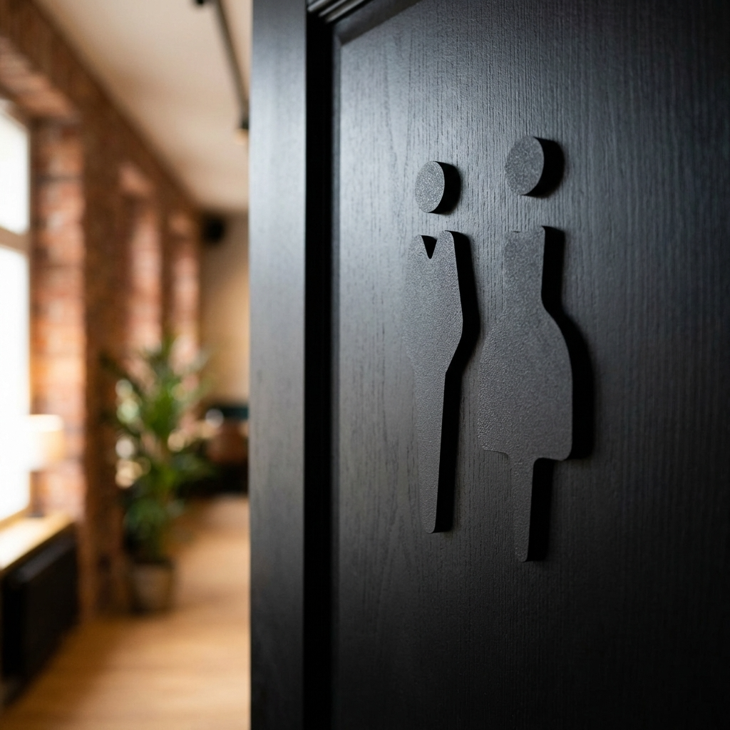 Black door with a silhouette of a man and woman door sign on a blurred indoor background