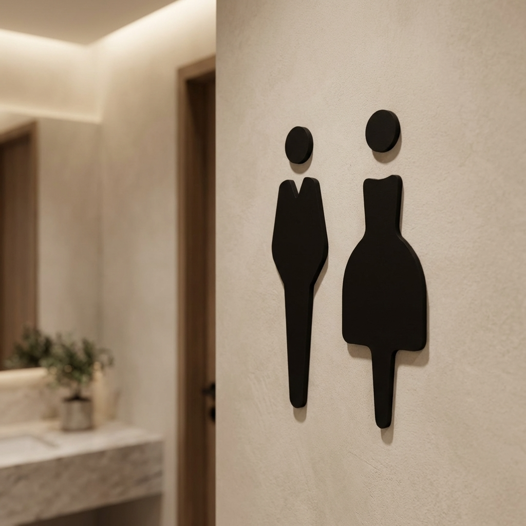 Black male and female restroom symbols on a beige wall.