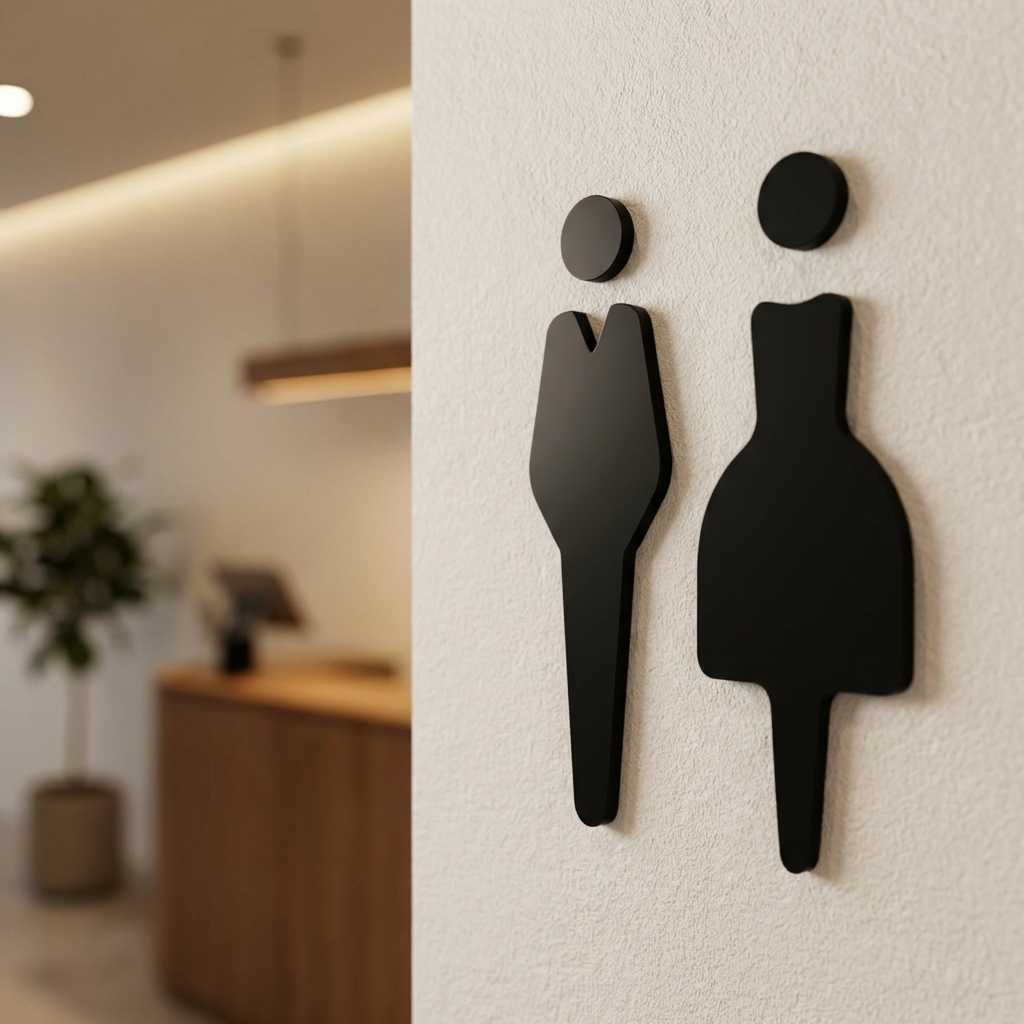 Black male and female restroom signs on a wall with a blurred indoor background