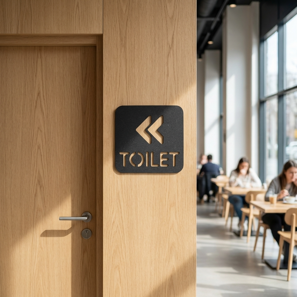 Wooden door with a 'TOILET' sign in a modern interior setting.