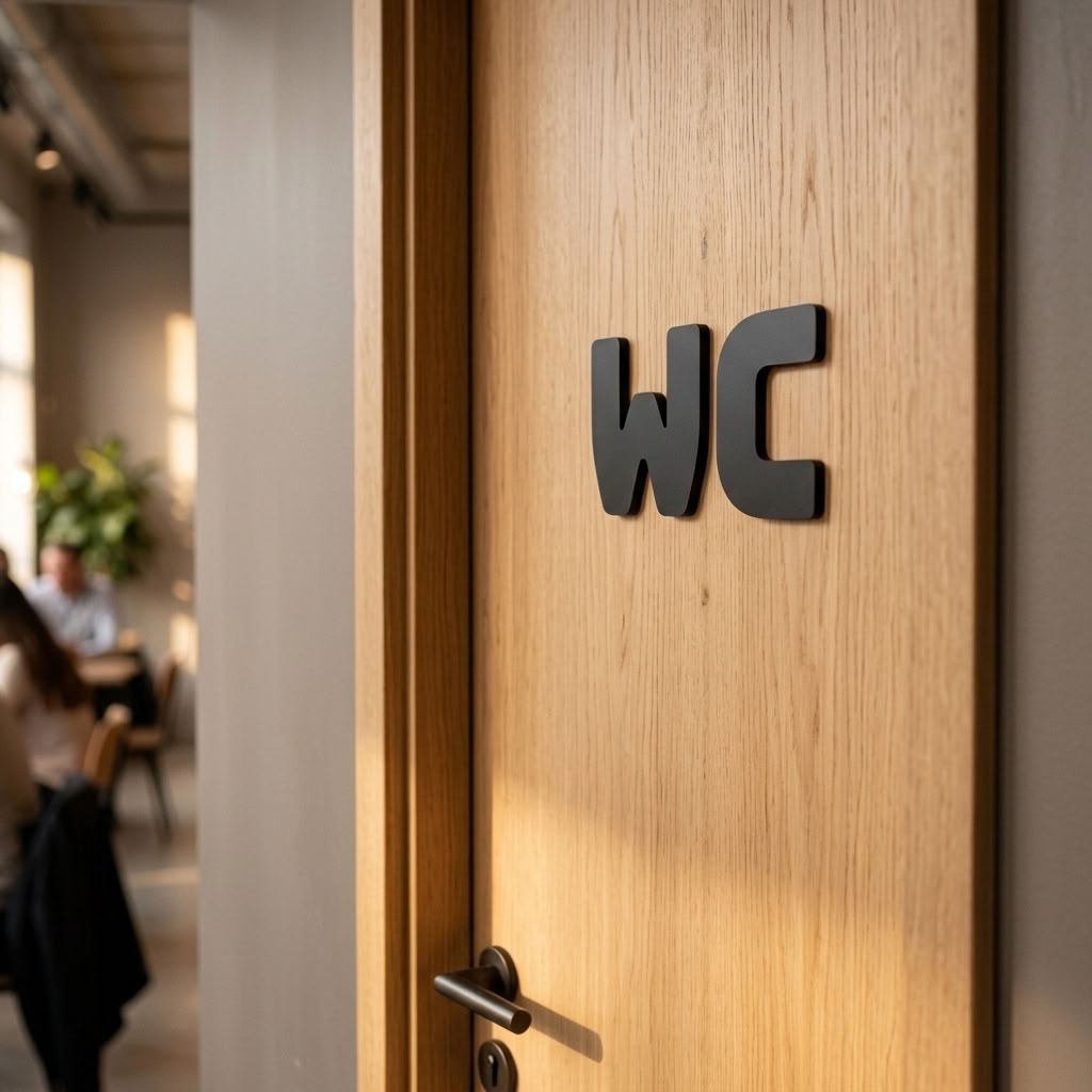 Black acrylic WC wall letters for restroom and toilet door signage