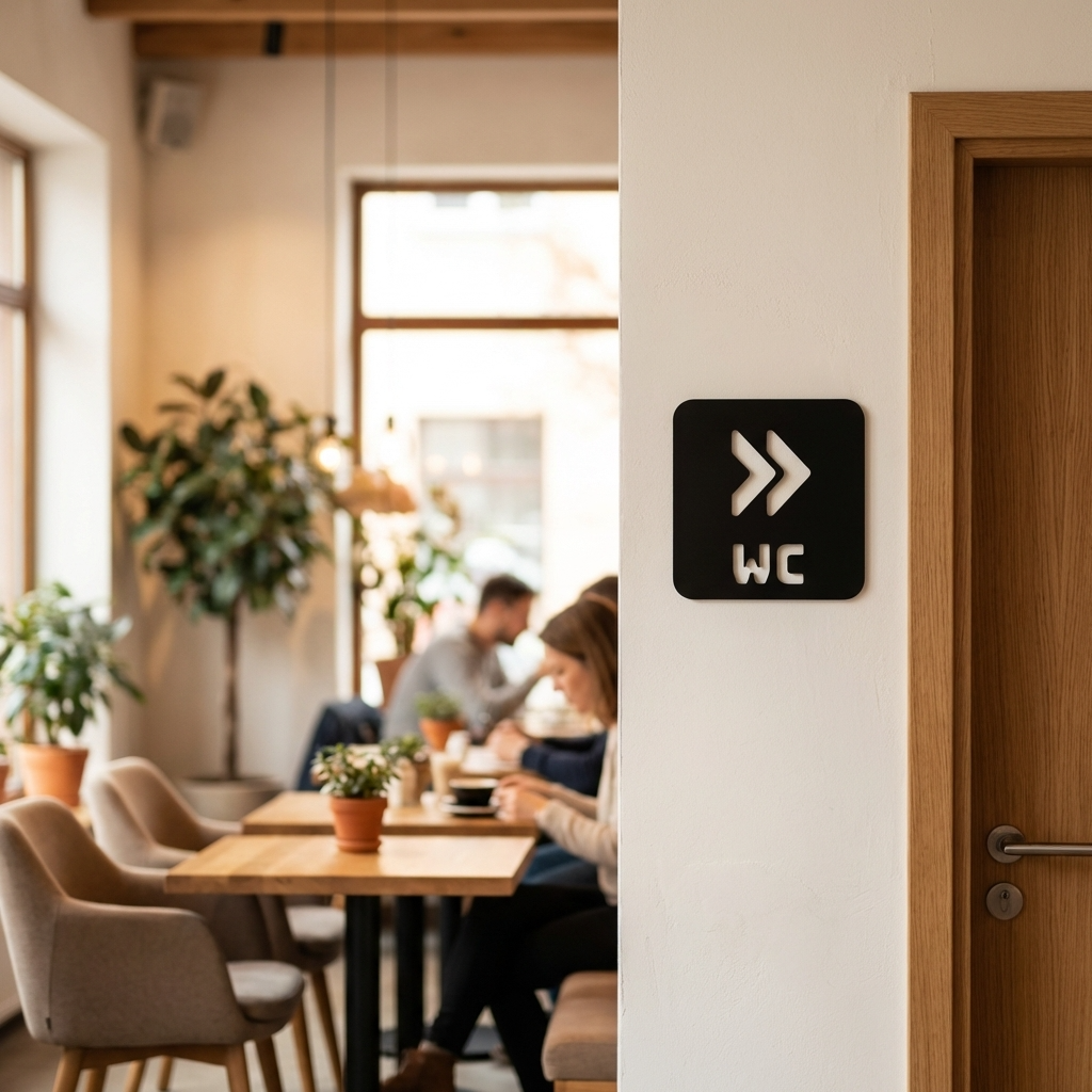 Square black acrylic toilet direction sign with WC lettering