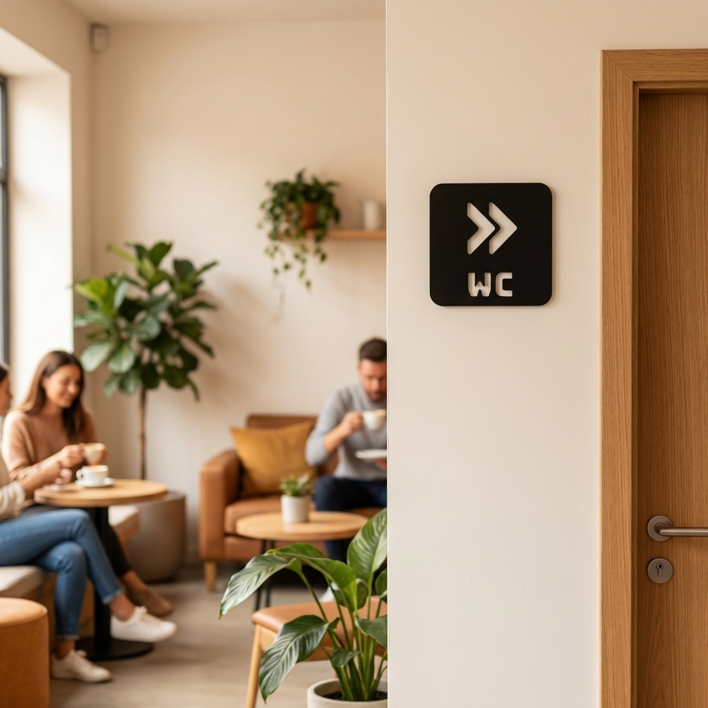 Black WC right arrow restroom sign for wall mounting