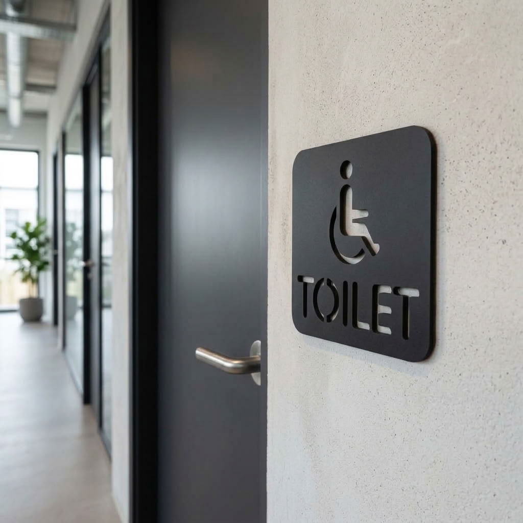 Black disabled toilet sign with wheelchair symbol for offices and hotels