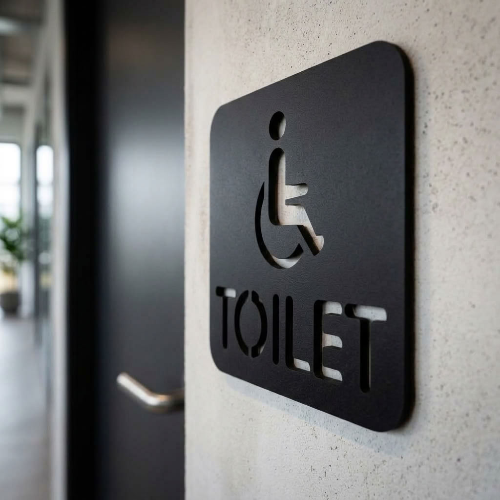 Black MDF wheelchair accessible toilet sign for cafés, pubs and restaurants