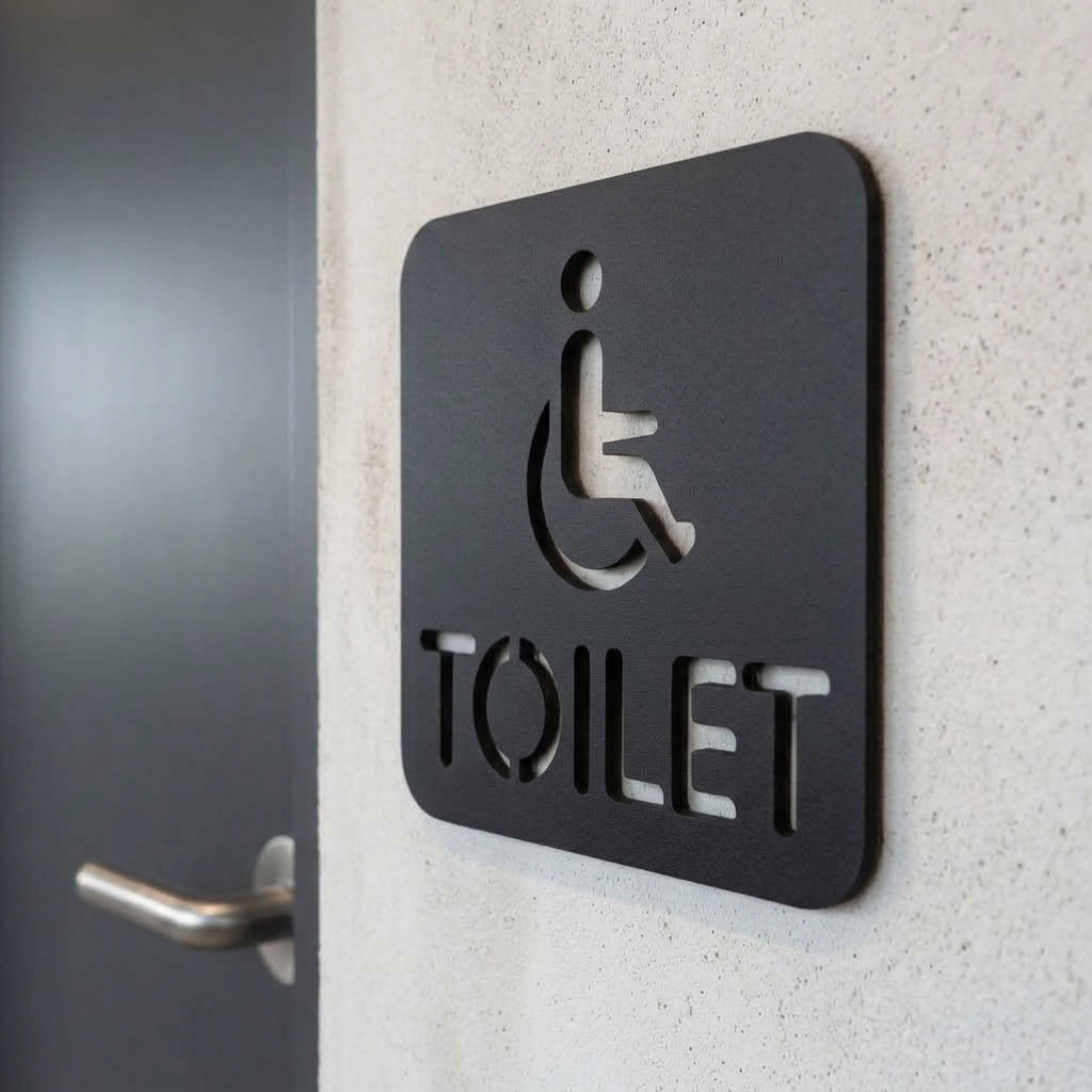 Modern wheelchair accessible restroom plaque for customer toilet facilities