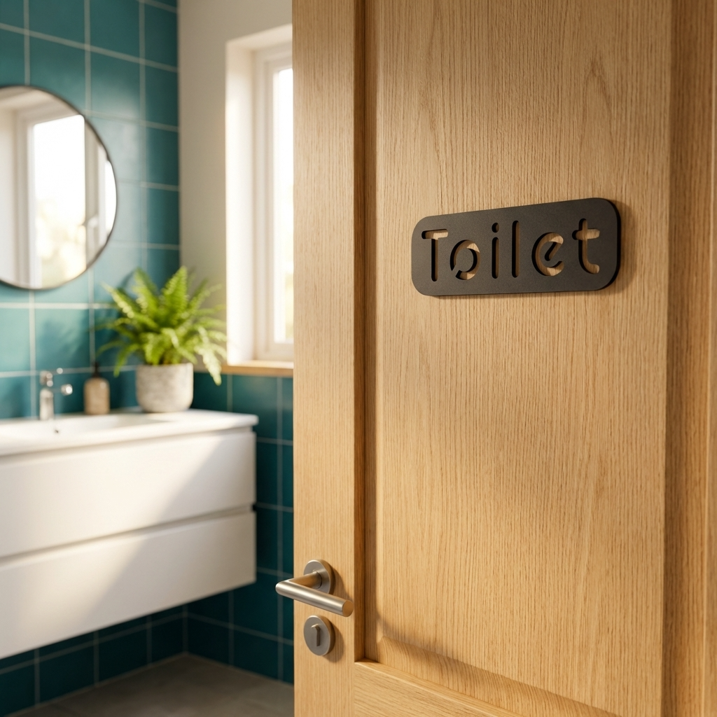 Commercial toilet door sign in black for hotels, restaurants and workplace bathrooms