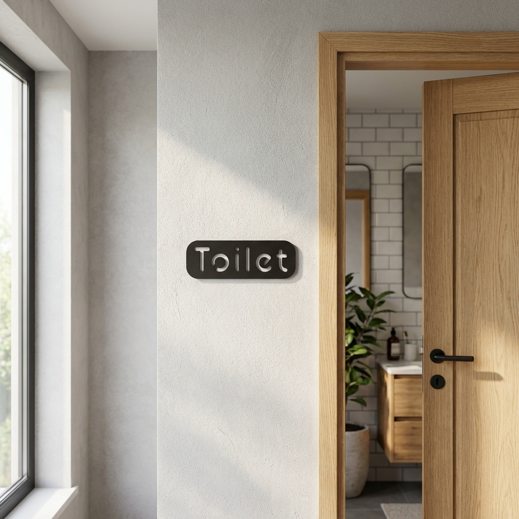 Minimalist black toilet plaque for modern offices, cafés and customer restrooms