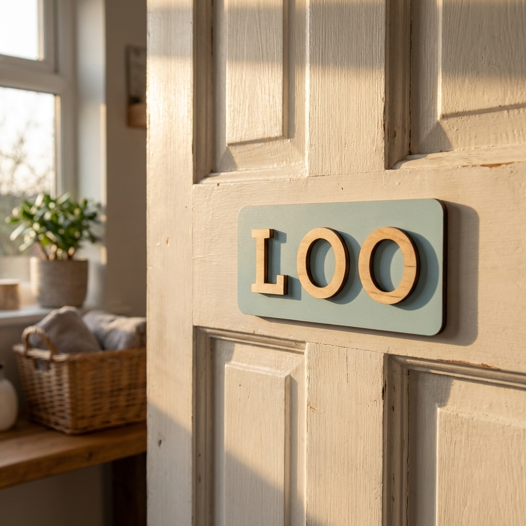 Modern blue toilet door sign with 3D wood lettering for cafés and hospitality interiors