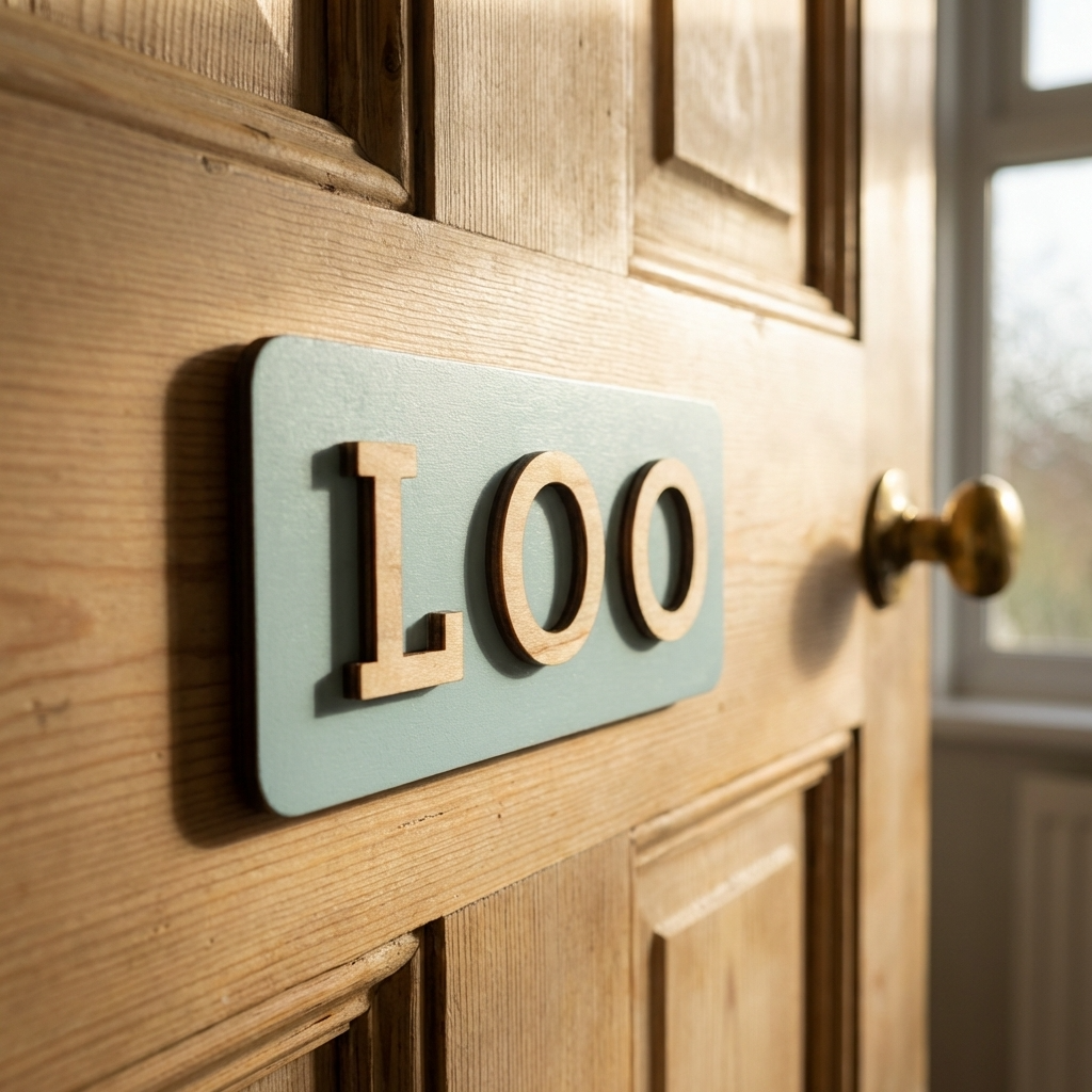 Decorative loo sign in soft blue and natural wood for modern bathroom doors