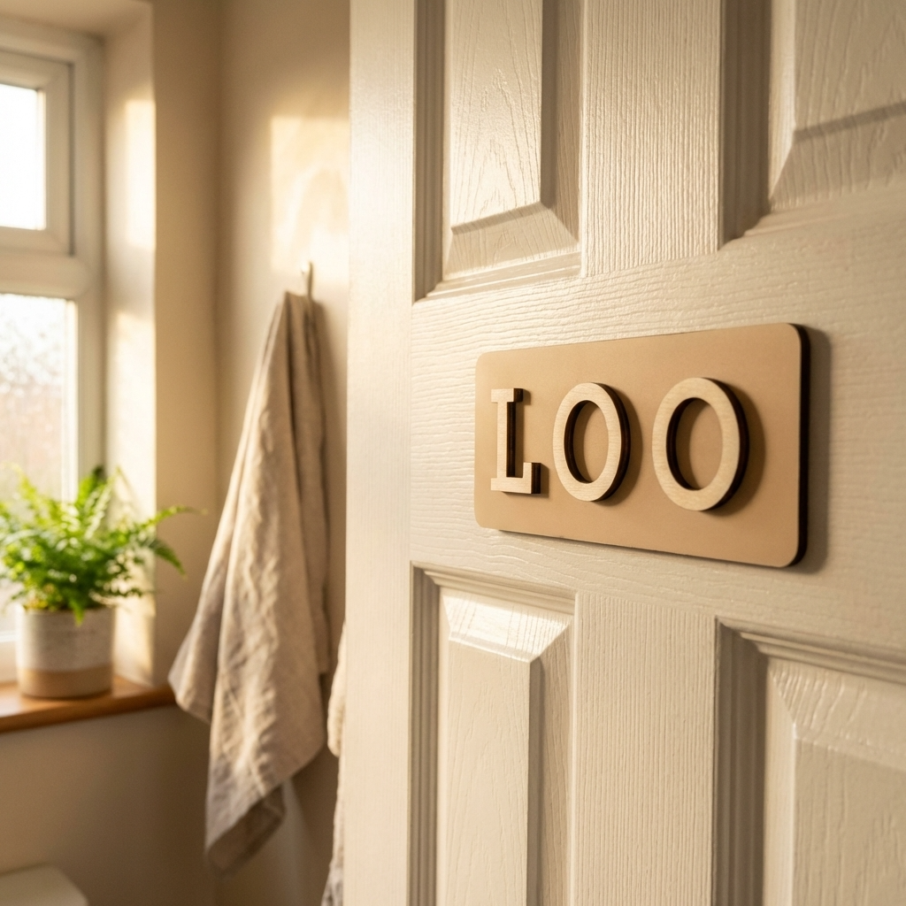 Modern brown toilet door sign with 3D wood lettering for cafés and hospitality interiors