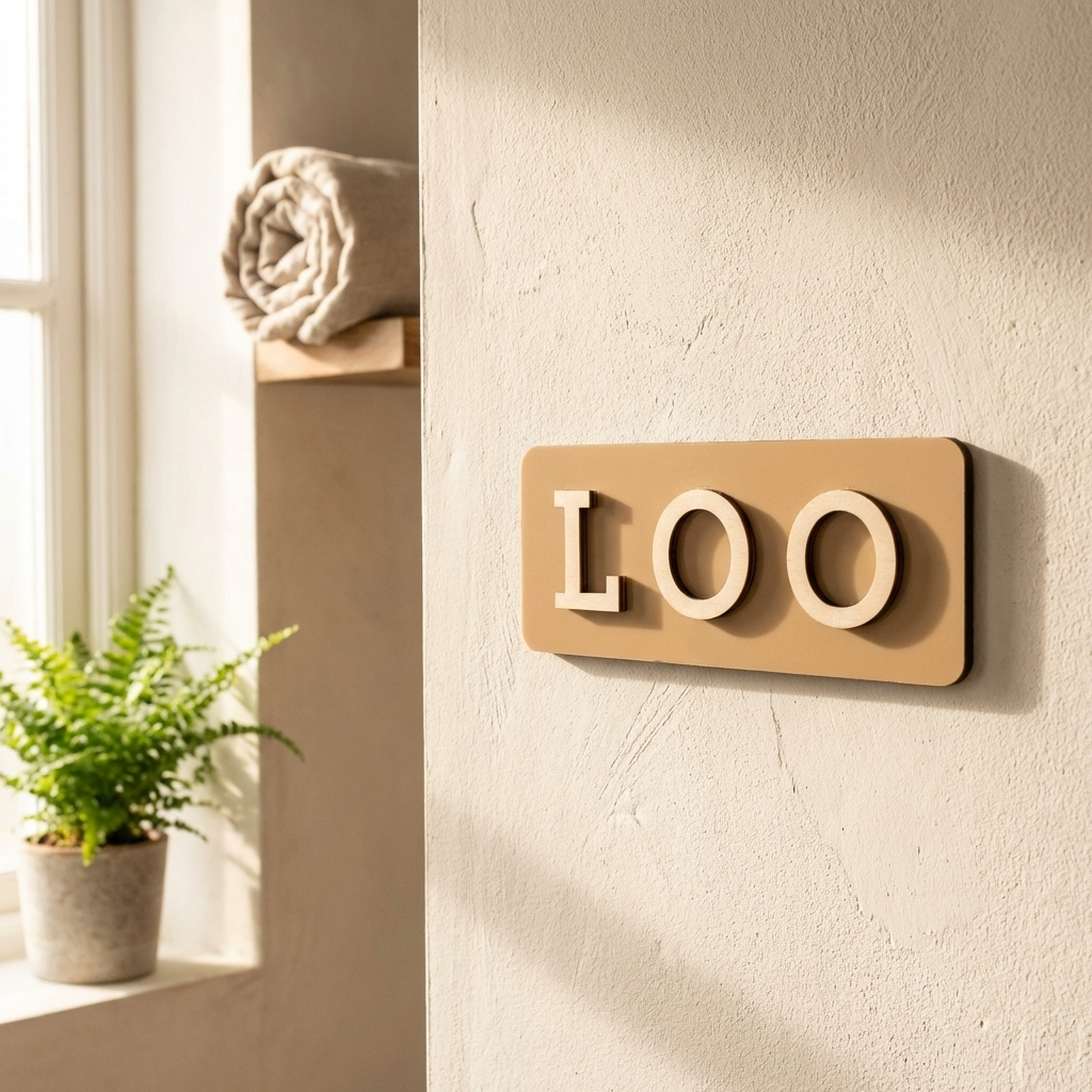 Decorative loo sign in warm brown and natural wood for modern bathroom doors