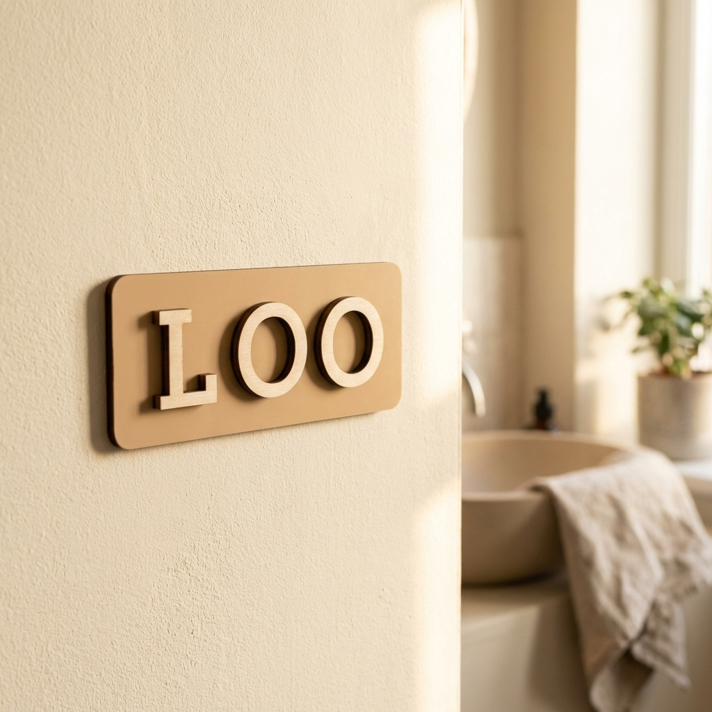 Brown loo sign with raised wooden letters for bathrooms, cafés, offices and restaurants