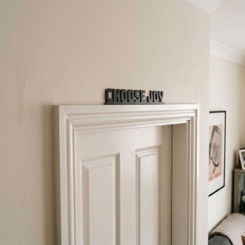 Black acrylic Choose Joy word sign above white door frame