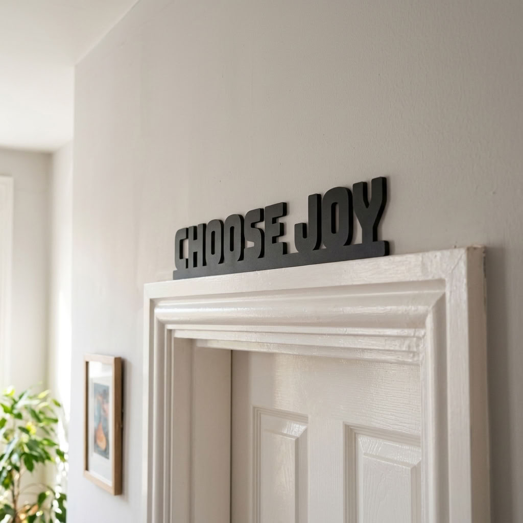 Inspirational black door topper sign with Choose Joy lettering