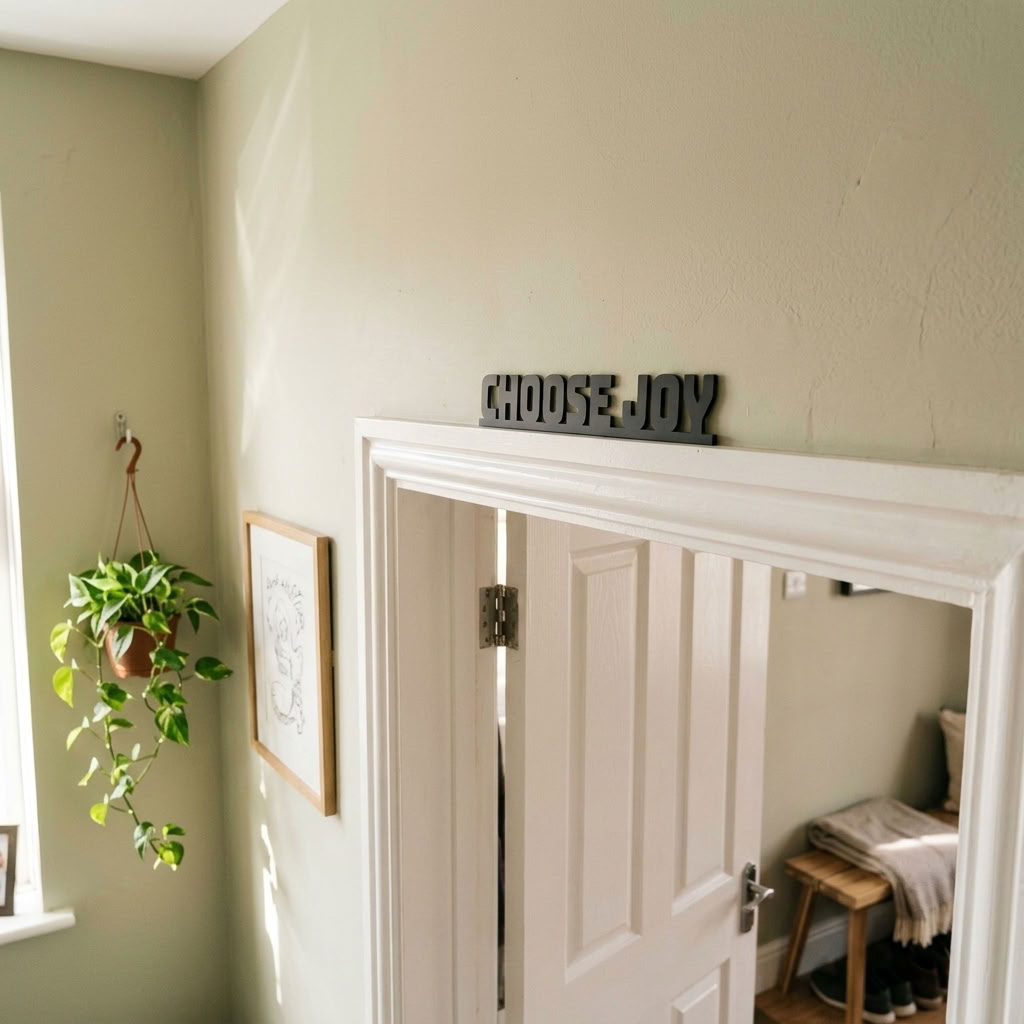 Minimalist inspirational door frame sign with positive message