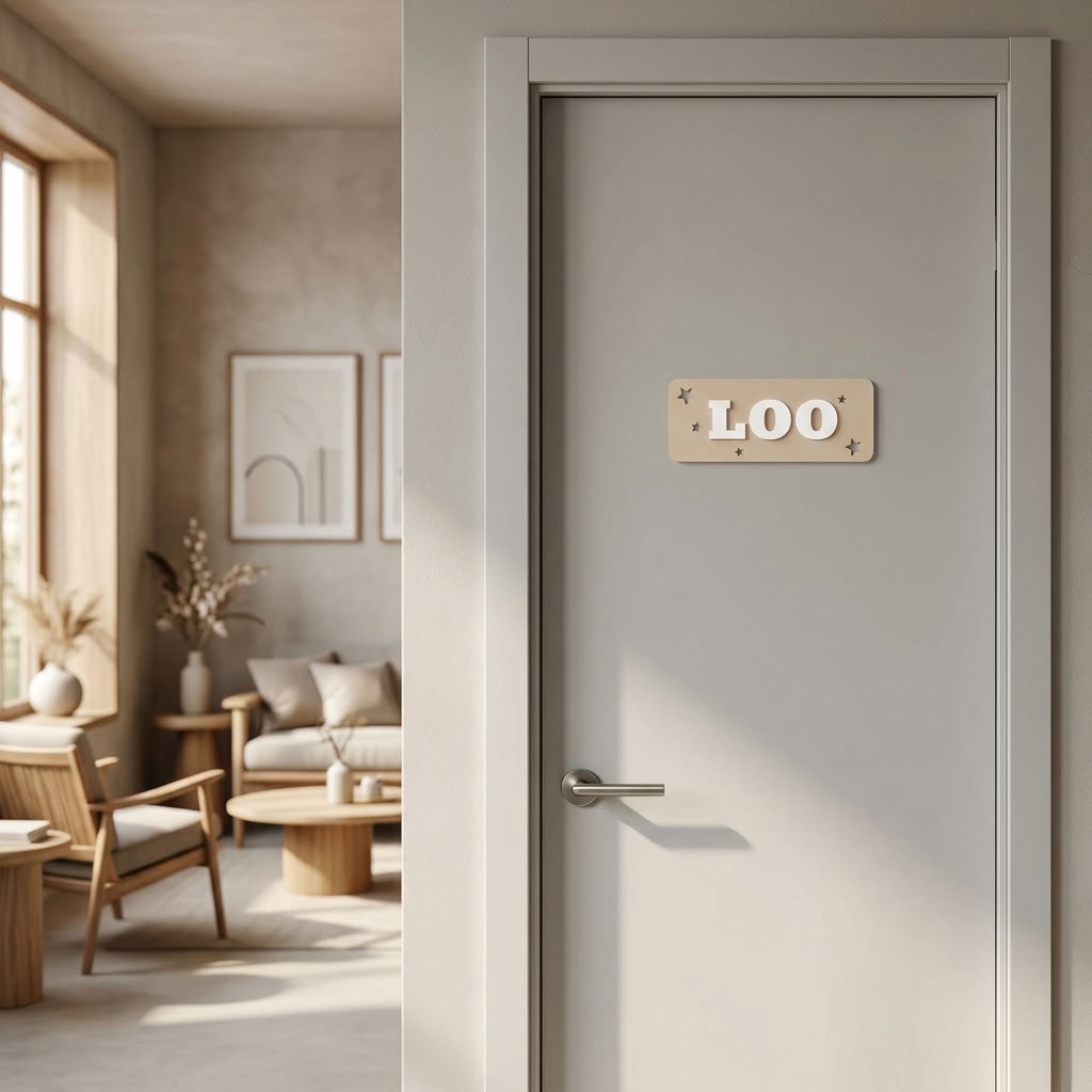 Neutral beige loo door plaque with white 3D lettering for home and commercial restrooms