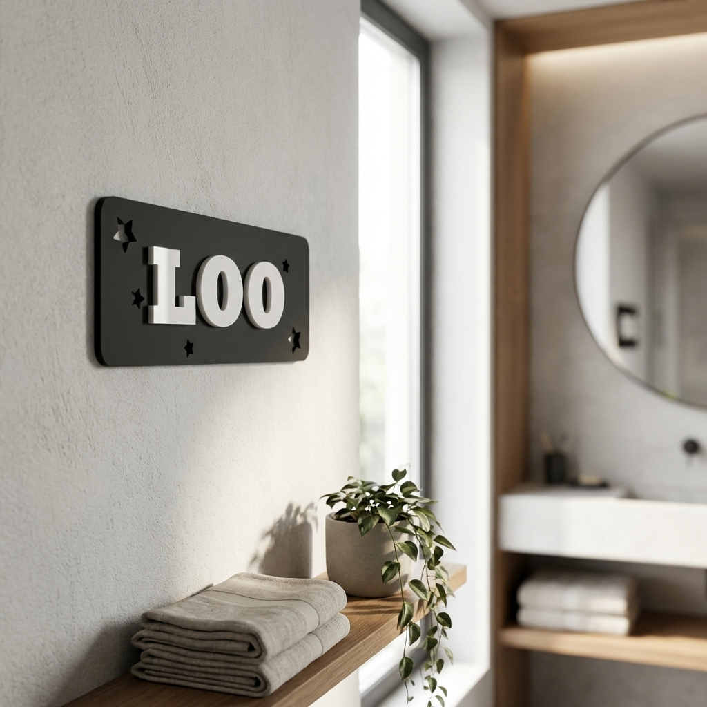 Modern black loo door plaque with white 3D lettering for home and commercial restrooms