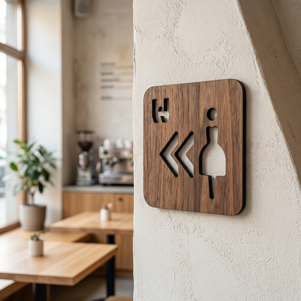 Walnut women’s toilet sign with left arrows for cafés, restaurants and commercial businesses