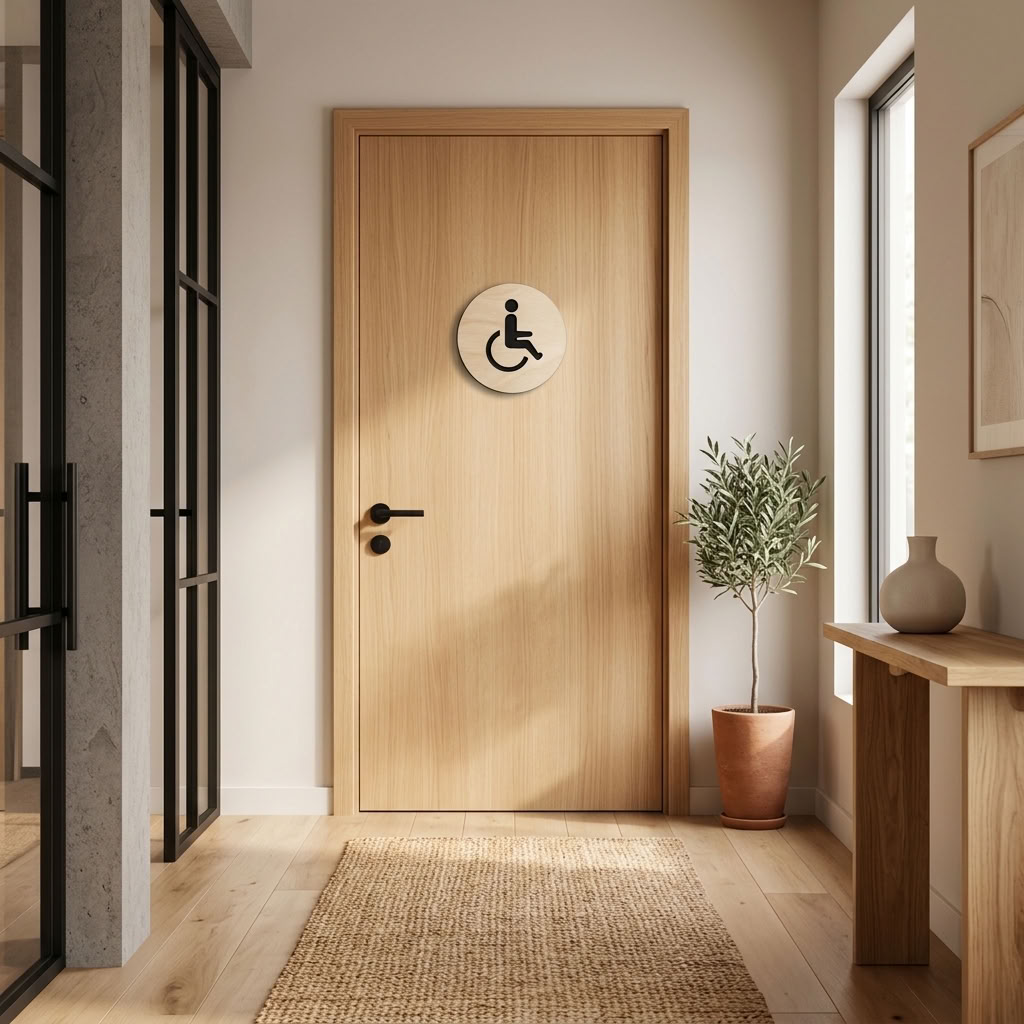 Accessible toilet door sign with raised black acrylic wheelchair icon on birch plywood