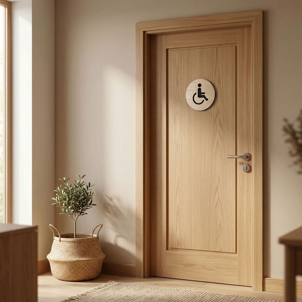 Modern wheelchair toilet sign mounted on wooden interior door