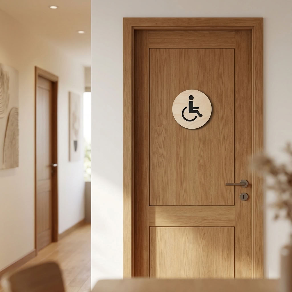 Wooden accessible bathroom plaque with black wheelchair symbol