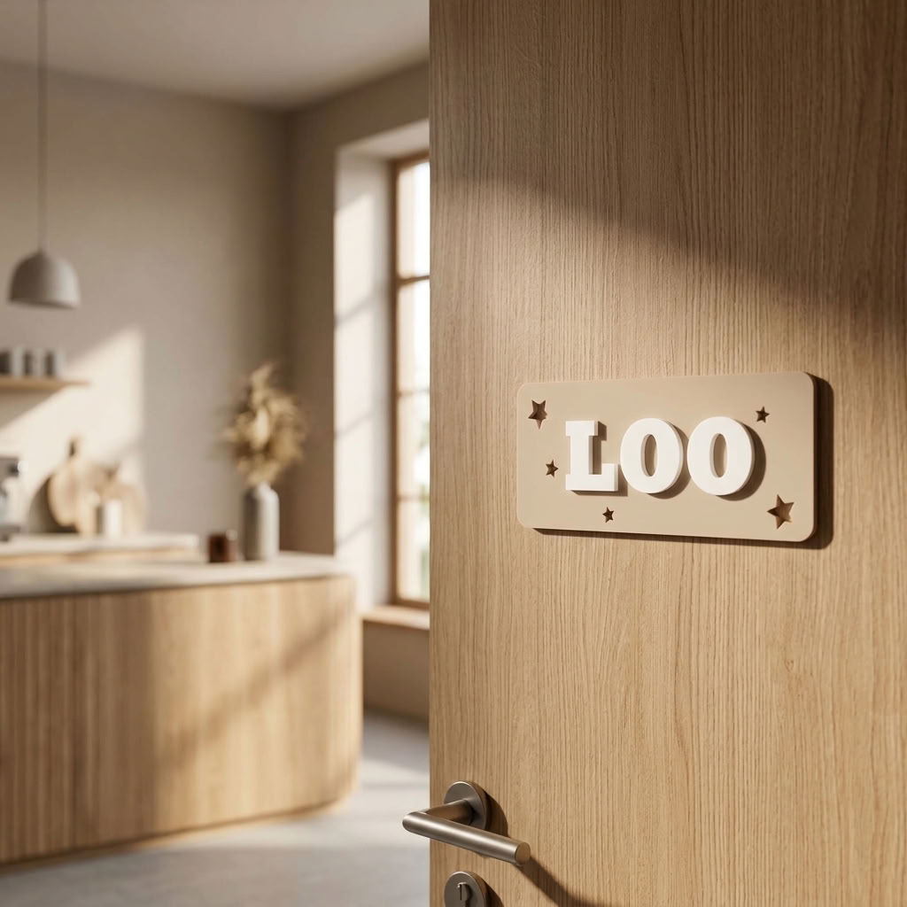 Beige acrylic loo sign with raised white letters for bathrooms, cafés, offices and restaurants