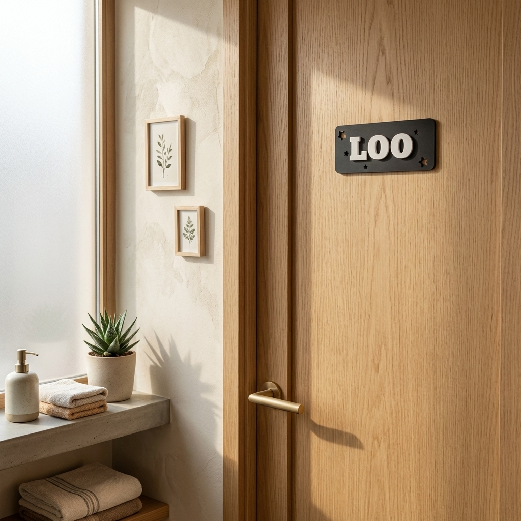 Black toilet door sign with raised white LOO text for cafés and hospitality interiors