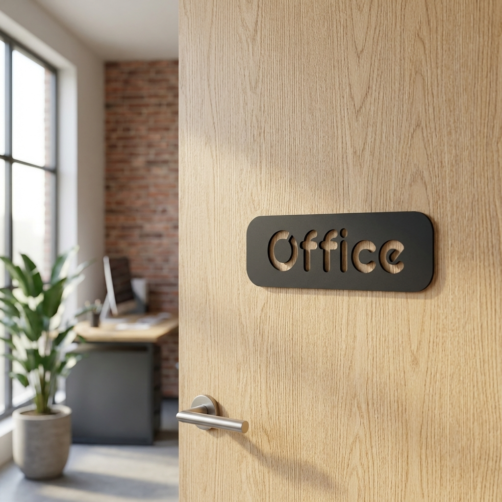 Black acrylic office sign for workspace door