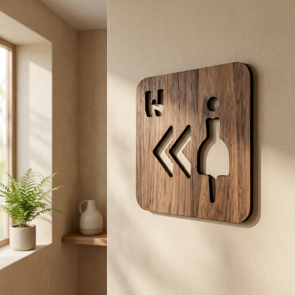 Walnut ladies toilet sign with left-pointing arrows for cafés and hospitality venues