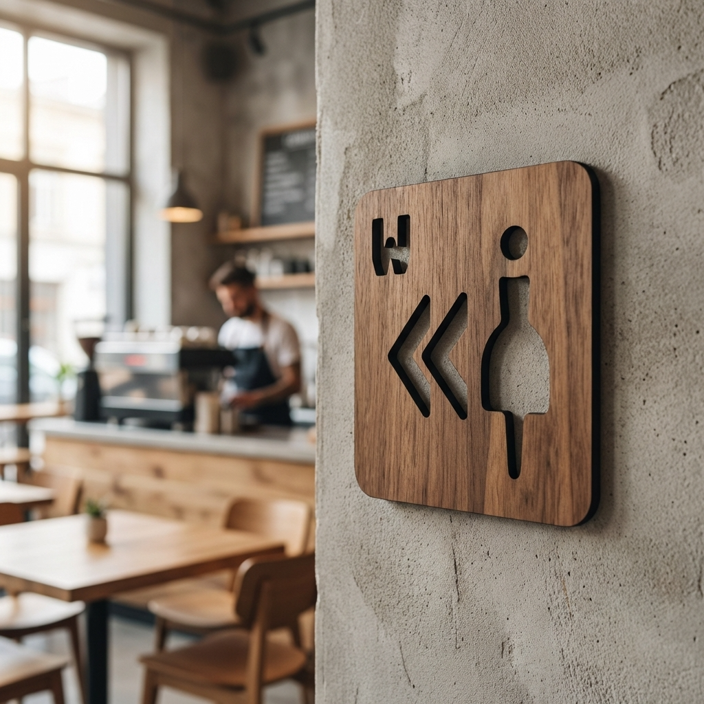 Modern women’s WC direction sign in walnut for restaurants, offices and hotels