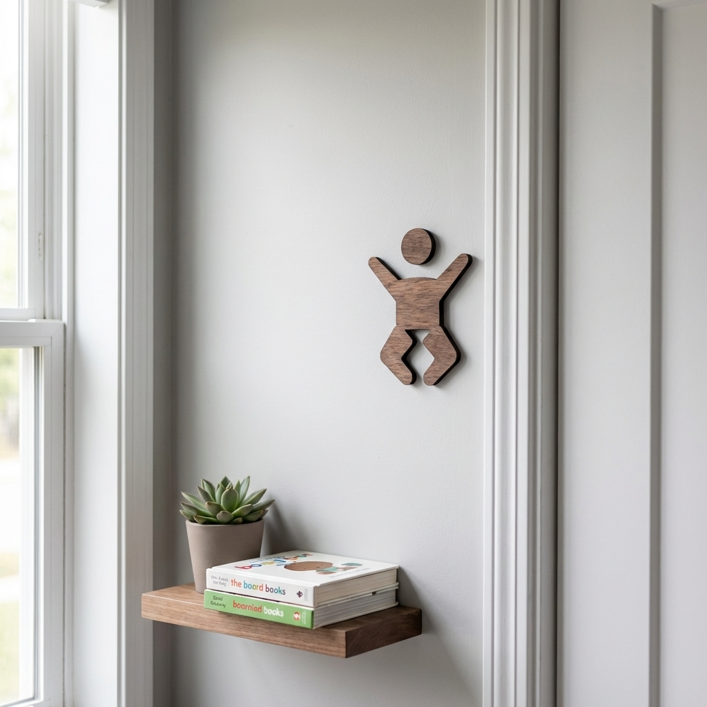 Baby changing symbol sign in walnut wood for cafés, offices and family restrooms