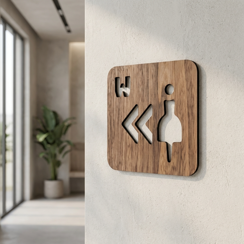Square wooden female toilet wayfinding sign for commercial corridors and reception areas