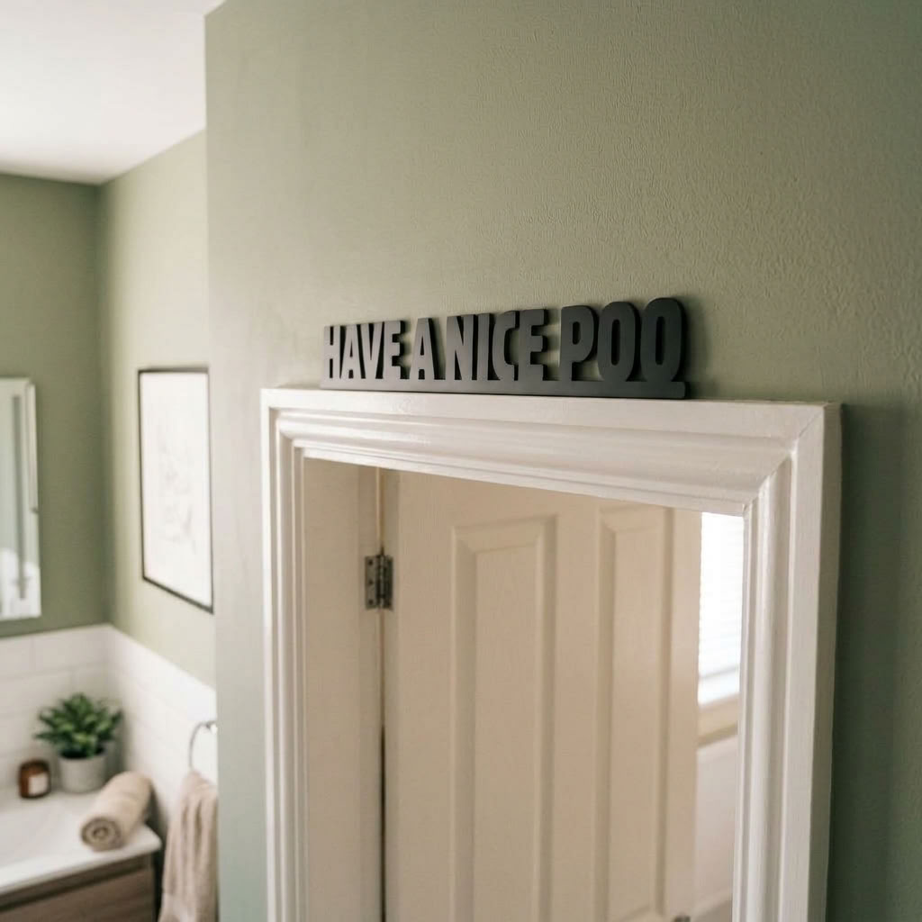 Quirky black acrylic bathroom sign for guest washroom